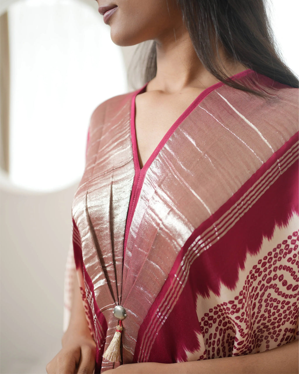 Red & White Bandhej Print Kaftan at Kamakhyaa by Mayura Kumar. This item is Bandhej, Bandhej Bandhini Mixology by Mayura Kumar, Dry clean, Festive Wear, Modal, Modal Satin, Modal Satin Silk, Red, Relaxed Fit, Satin Silk, Silk, Tie-Dye