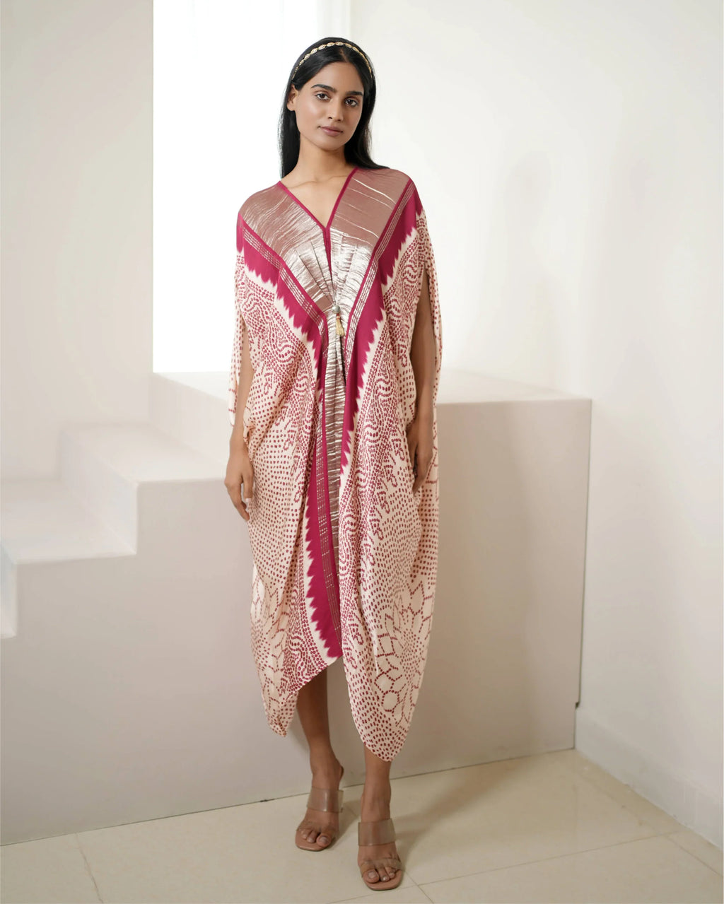 Red & White Bandhej Print Kaftan at Kamakhyaa by Mayura Kumar. This item is Bandhej, Bandhej Bandhini Mixology by Mayura Kumar, Dry clean, Festive Wear, Modal, Modal Satin, Modal Satin Silk, Red, Relaxed Fit, Satin Silk, Silk, Tie-Dye