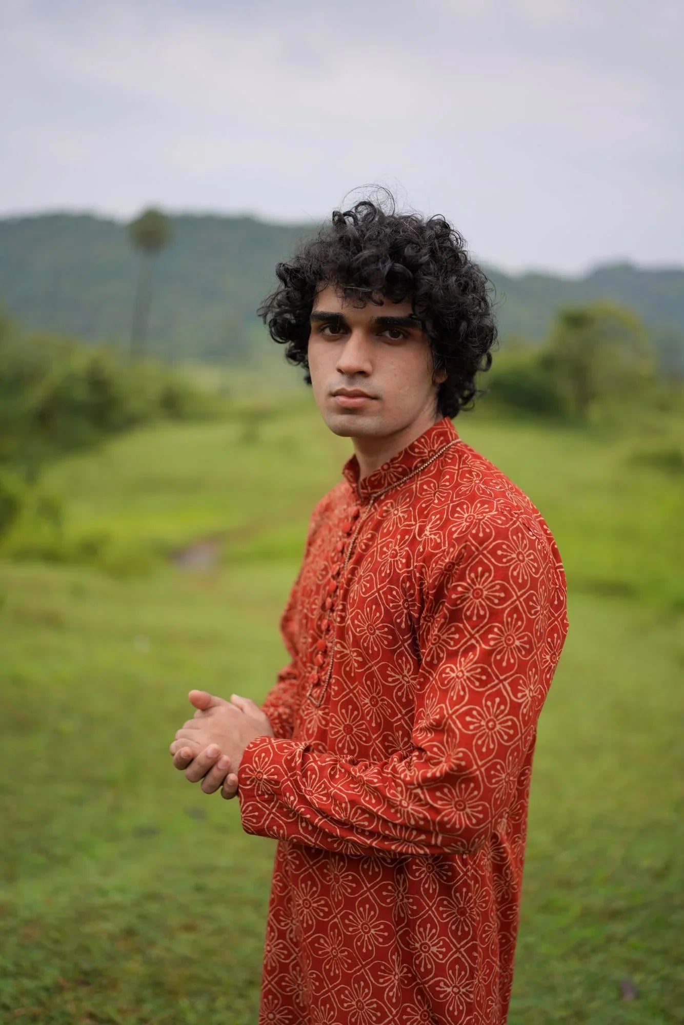 Red With White Butta Kurta for Mens at Kamakhyaa by Hasttvam. This item is Cotton, Festive Wear, Floral, Handmade by Artisans, Natural dyes, Red, Relaxed Fit, Respondible production and Vegan