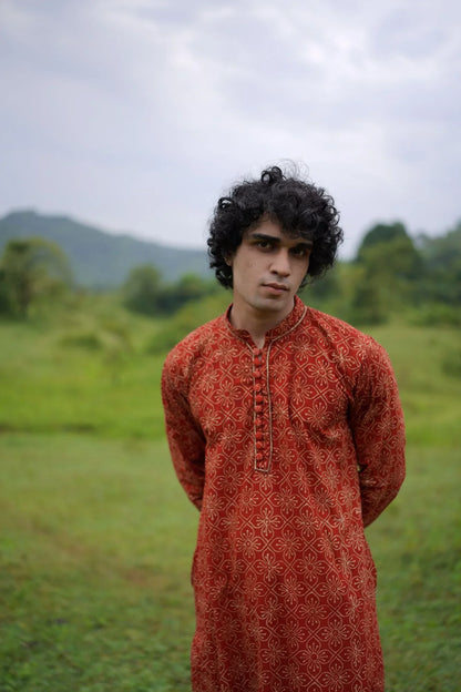 Red With White Butta Kurta for Mens at Kamakhyaa by Hasttvam. This item is Cotton, Festive Wear, Floral, Handmade by Artisans, Natural dyes, Red, Relaxed Fit, Respondible production and Vegan