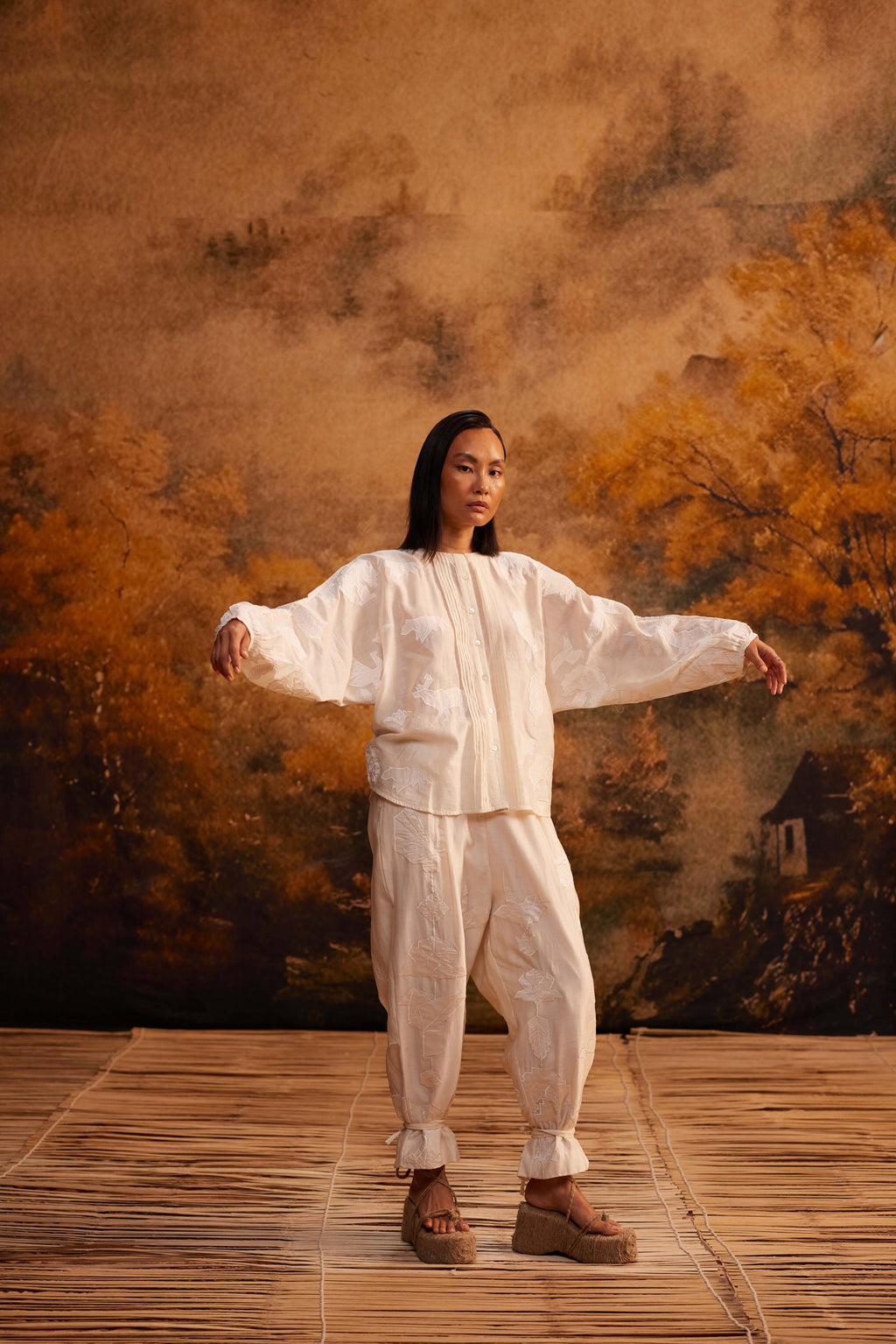 Reiko Drop-Crotch Pants at Kamakhyaa by Ahmev. This item is Applique Work, Cotton Silk, Ivory, Maximum Minimum by Ahmev, Pants, Relaxed Fit, Womenswear