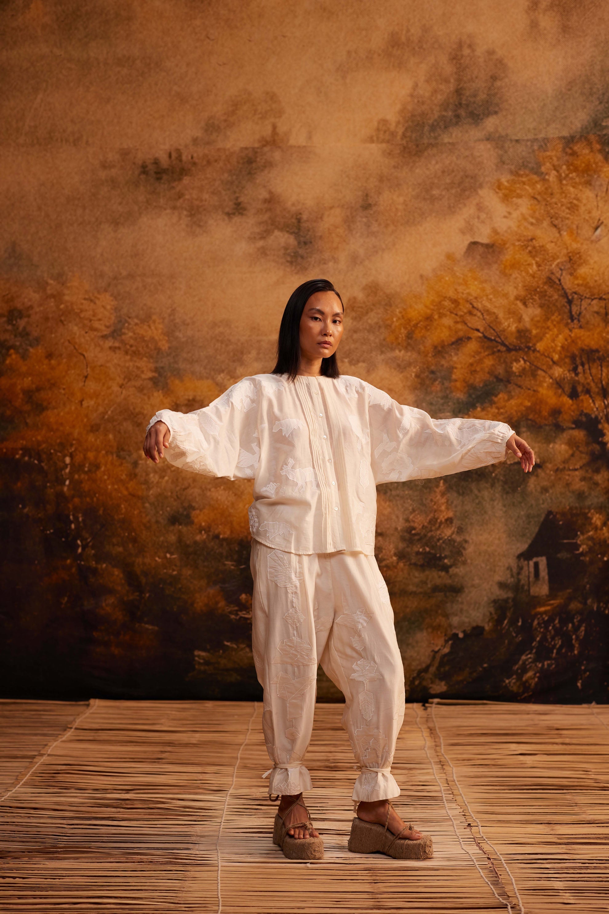 Reiko Drop-Crotch Pants at Kamakhyaa by Ahmev. This item is Applique Work, Cotton Silk, Ivory, Maximum Minimum by Ahmev, Pants, Relaxed Fit, Womenswear