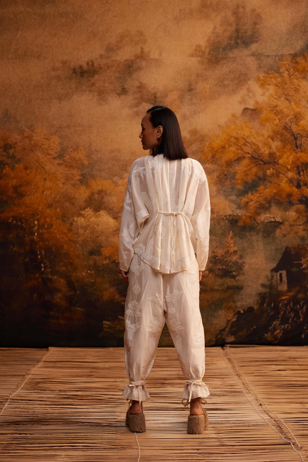 Reiko Drop-Crotch Pants at Kamakhyaa by Ahmev. This item is Applique Work, Cotton Silk, Ivory, Maximum Minimum by Ahmev, Pants, Relaxed Fit, Womenswear