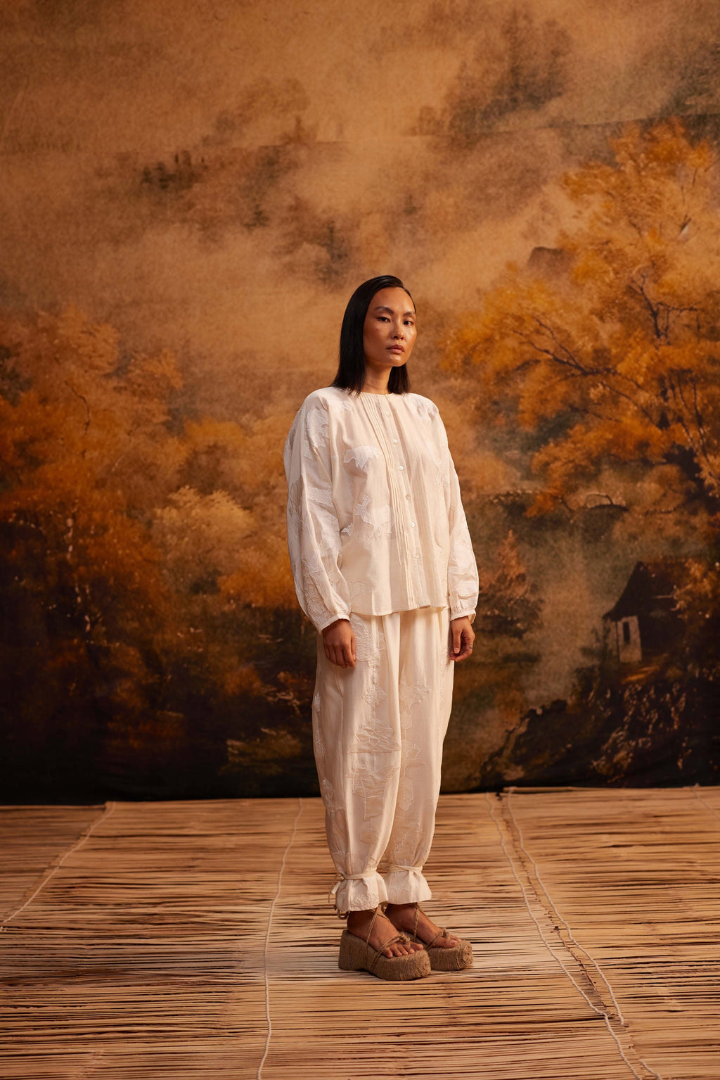 Reiko Drop-Crotch Pants at Kamakhyaa by Ahmev. This item is Applique Work, Cotton Silk, Ivory, Maximum Minimum by Ahmev, Pants, Relaxed Fit, Womenswear