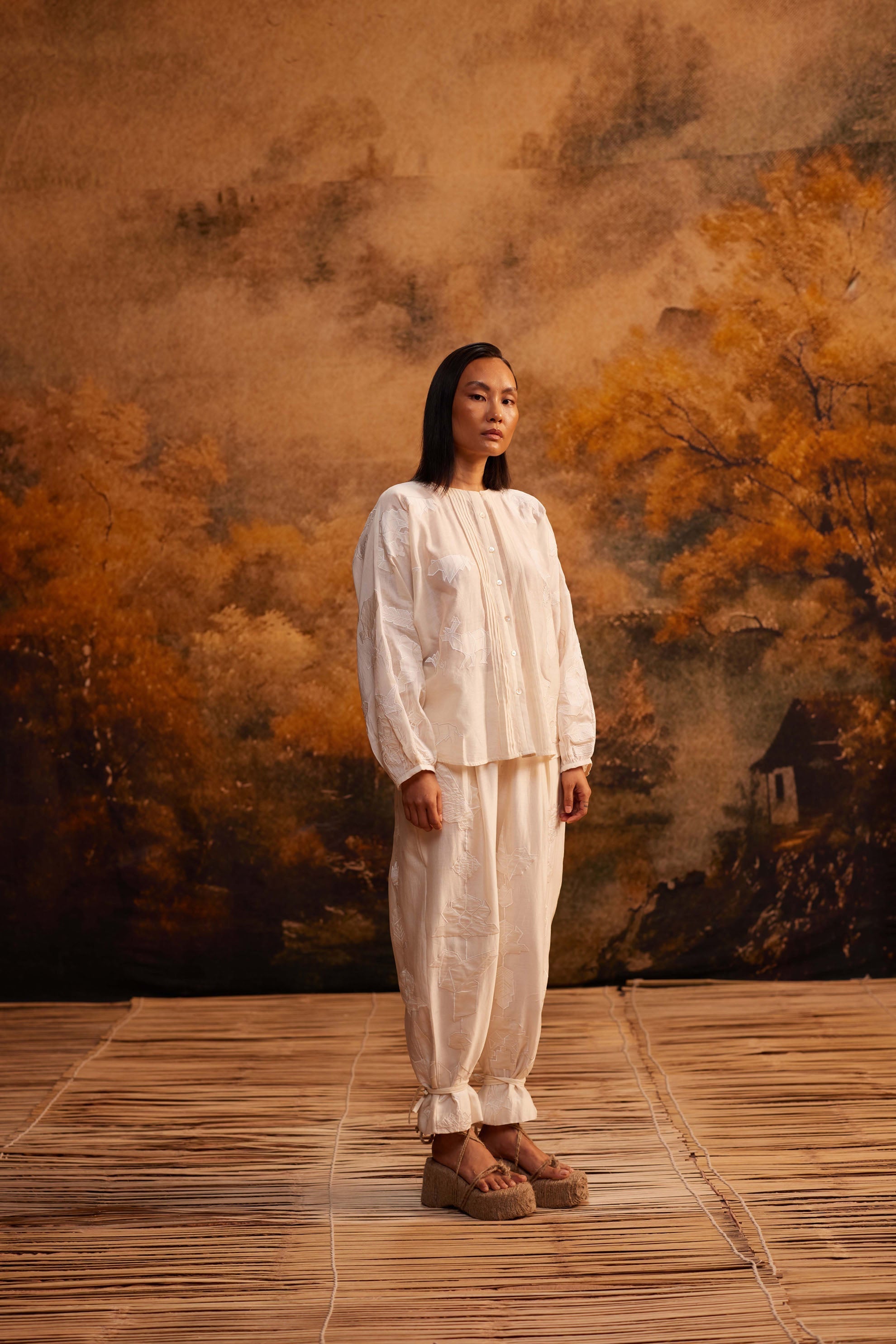 Reiko Drop-Crotch Pants at Kamakhyaa by Ahmev. This item is Applique Work, Cotton Silk, Ivory, Maximum Minimum by Ahmev, Pants, Relaxed Fit, Womenswear