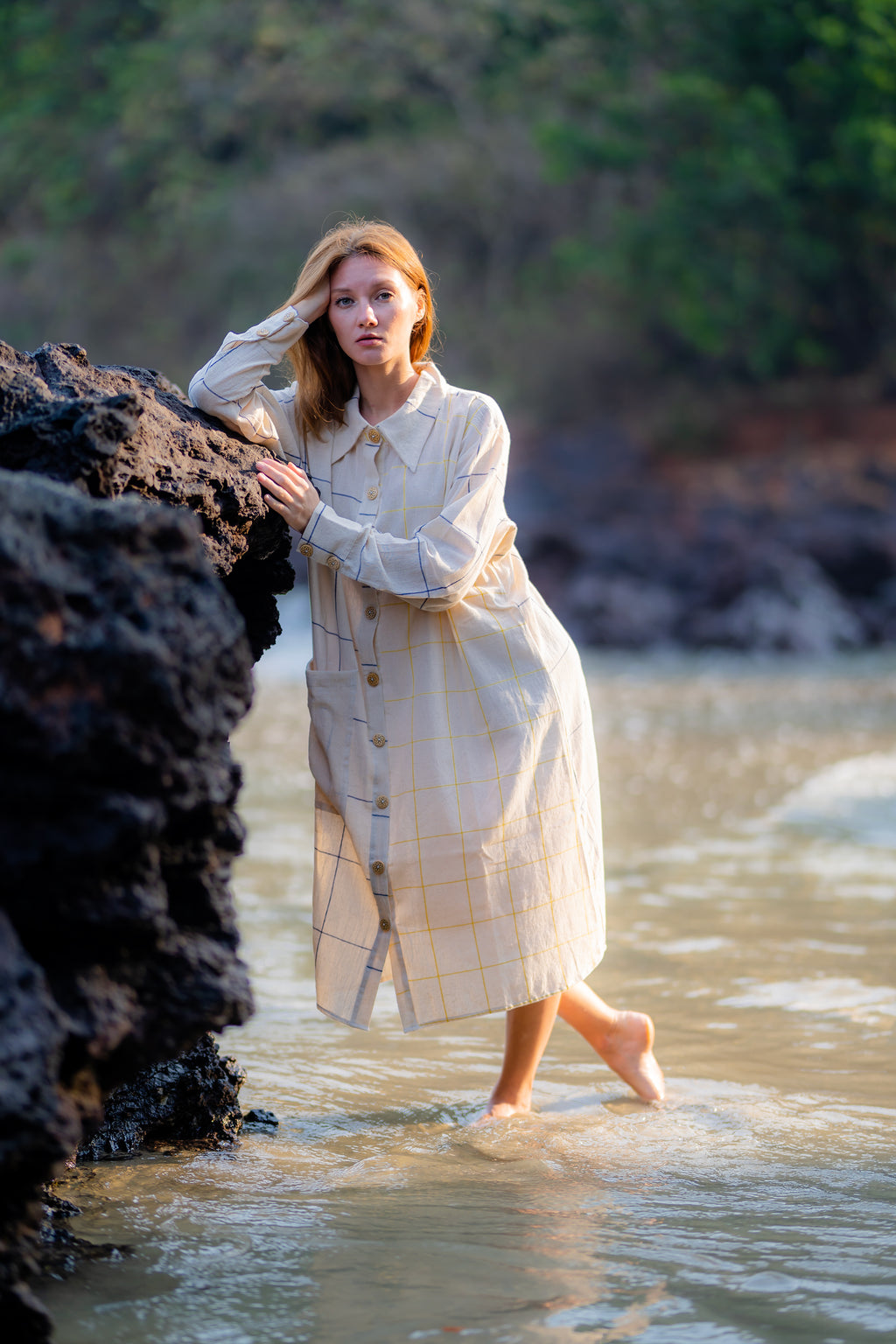 Relaxed Fit Checks Shirt Dress at Kamakhyaa by Krushnachuda. This item is Casual Wear, Checks, Handloom Cotton, Natural Dye, Organic, Relaxed Fit, Shirts, White