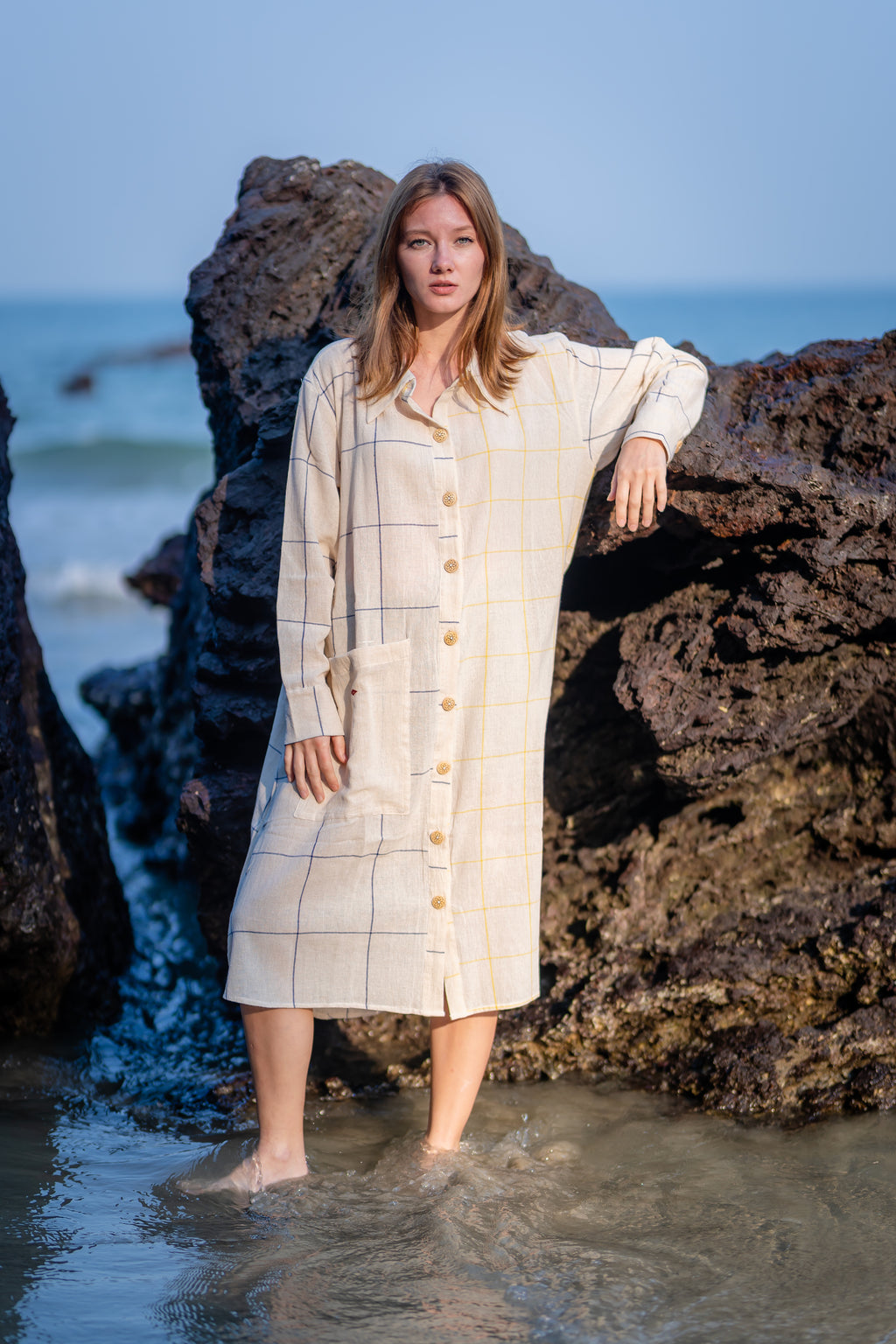 Relaxed Fit Checks Shirt Dress at Kamakhyaa by Krushnachuda. This item is Casual Wear, Checks, Handloom Cotton, Natural Dye, Organic, Relaxed Fit, Shirts, White