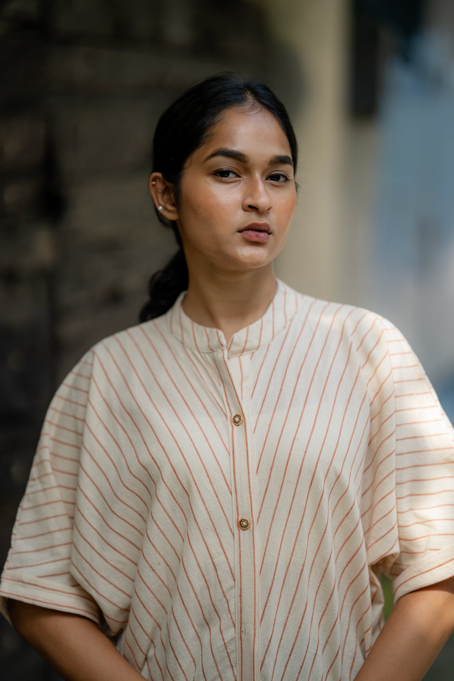Relaxed Fit Striped Shirt with Kimono Sleeves at Kamakhyaa by Krushnachuda. This item is Casual Wear, Cream, Handloom Cotton, Natural Dye, Organic, Relaxed Fit, Shirts, Stripes