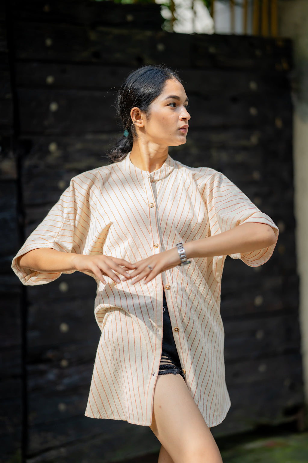 Relaxed Fit Striped Shirt with Kimono Sleeves at Kamakhyaa by Krushnachuda. This item is Casual Wear, Cream, Handloom Cotton, Natural Dye, Organic, Relaxed Fit, Shirts, Stripes