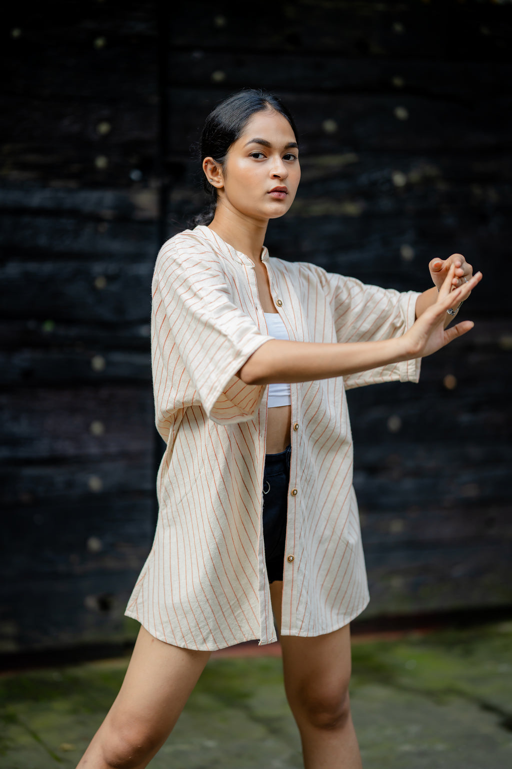 Relaxed Fit Striped Shirt with Kimono Sleeves at Kamakhyaa by Krushnachuda. This item is Casual Wear, Cream, Handloom Cotton, Natural Dye, Organic, Relaxed Fit, Shirts, Stripes