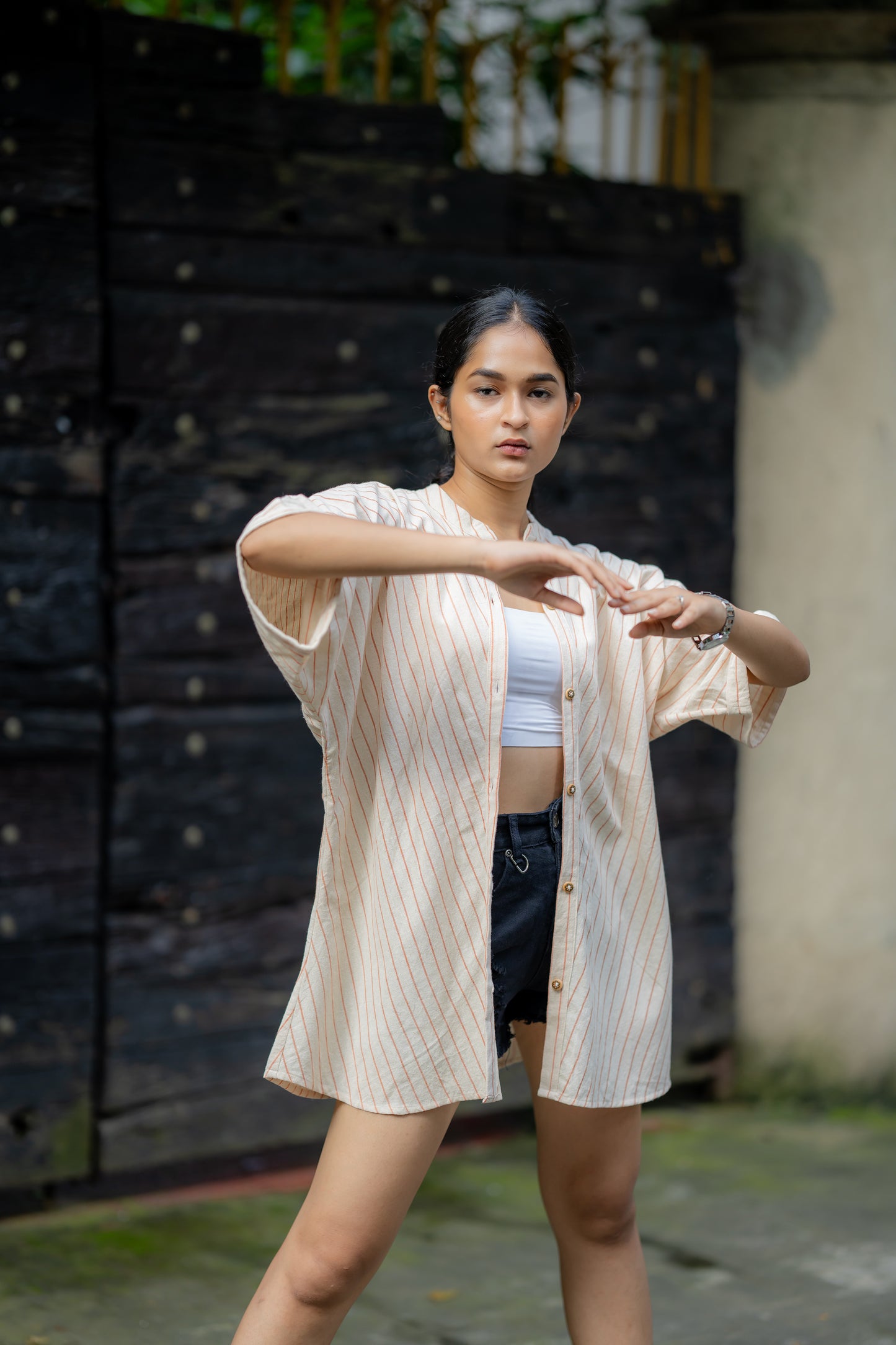 Relaxed Fit Striped Shirt with Kimono Sleeves at Kamakhyaa by Krushnachuda. This item is Casual Wear, Cream, Handloom Cotton, Natural Dye, Organic, Relaxed Fit, Shirts, Stripes