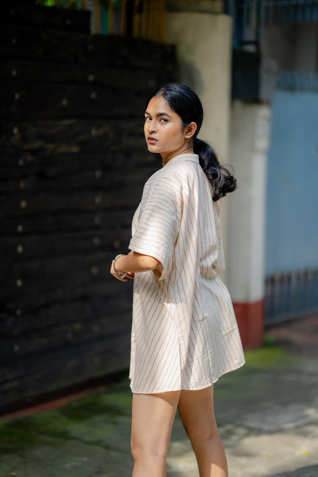 Relaxed Fit Striped Shirt with Kimono Sleeves at Kamakhyaa by Krushnachuda. This item is Casual Wear, Cream, Handloom Cotton, Natural Dye, Organic, Relaxed Fit, Shirts, Stripes