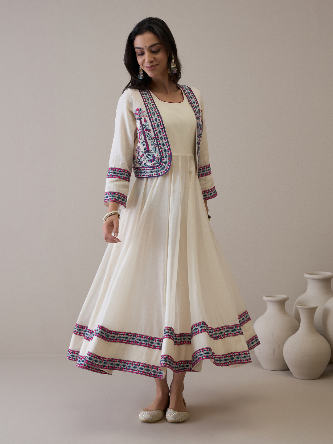 Resham Embroidered Kurta Set with Jacket at Kamakhyaa by RoohbyRidhimaa. This item is Avani by RoohbyRidhimaa, Ethnic Wear, Kurta Pant Sets, Pure Chanderi, Regular Fit, Resham Embroidered, Toxin free, White