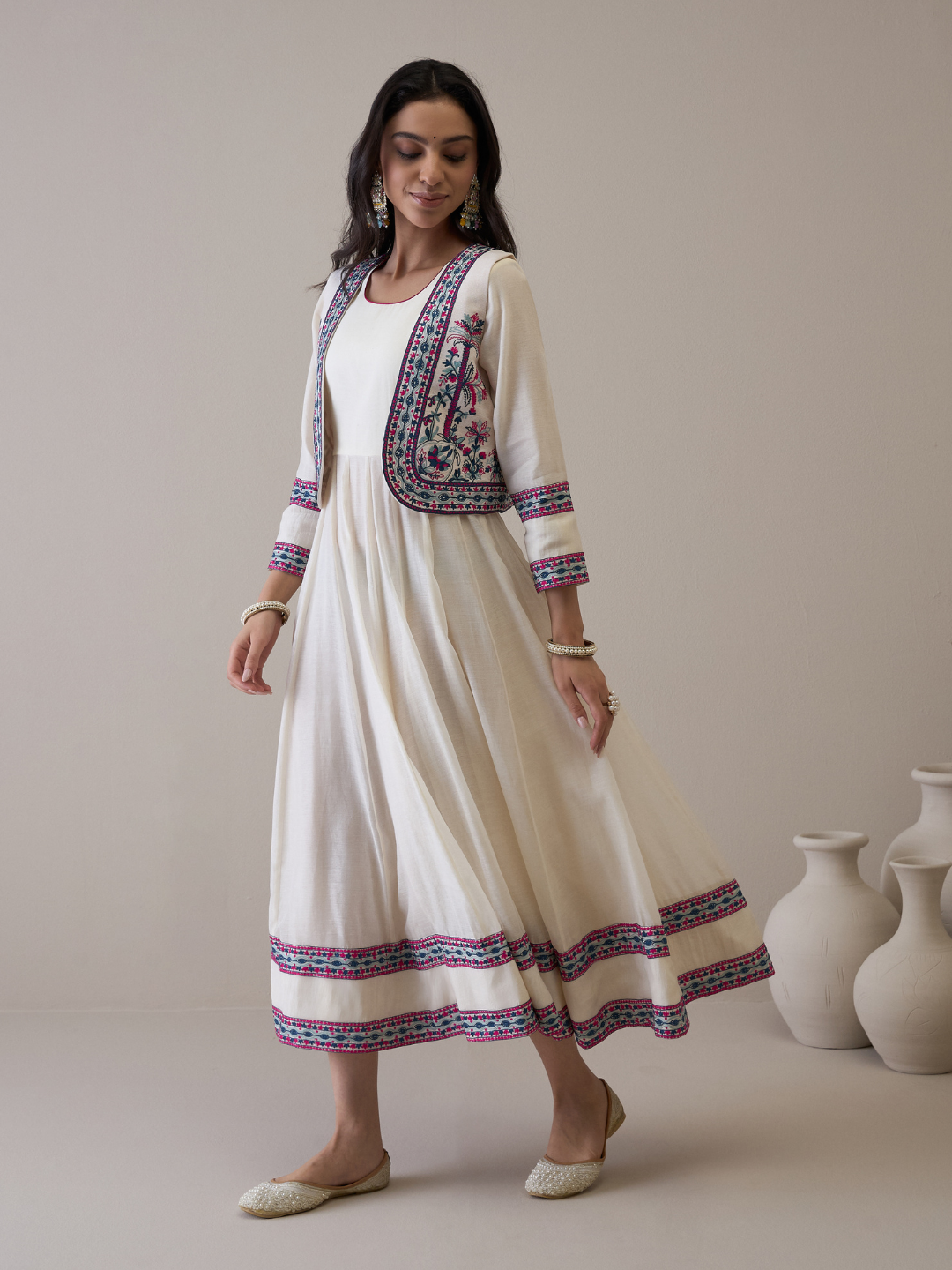 Resham Embroidered Kurta Set with Jacket at Kamakhyaa by RoohbyRidhimaa. This item is Avani by RoohbyRidhimaa, Ethnic Wear, Kurta Pant Sets, Pure Chanderi, Regular Fit, Resham Embroidered, Toxin free, White