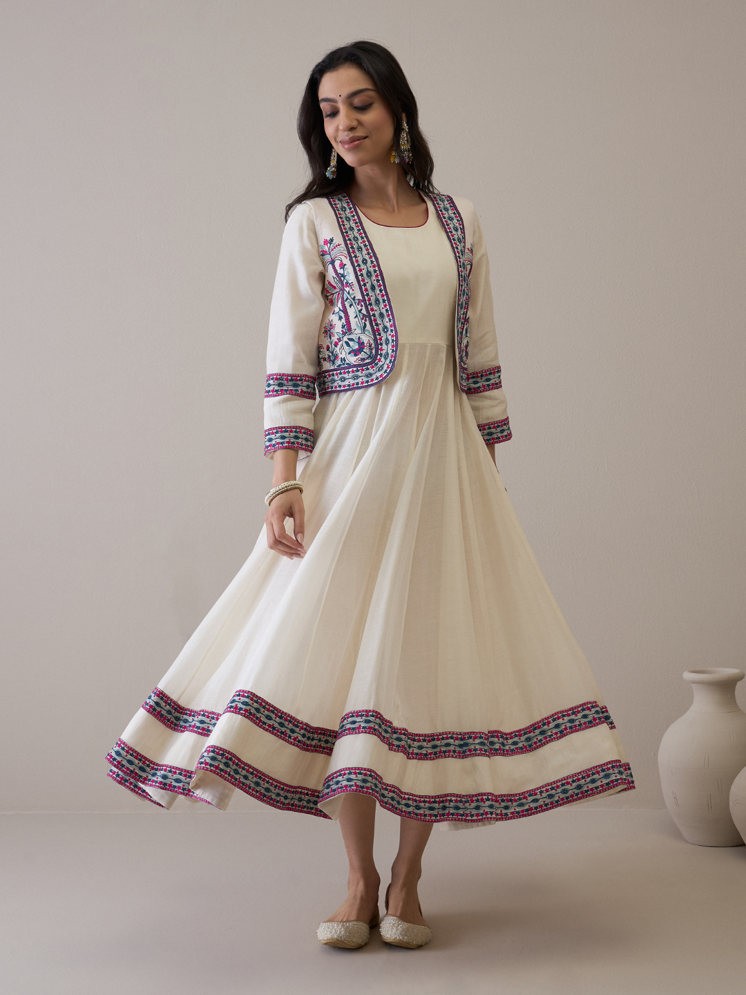 Resham Embroidered Kurta Set with Jacket at Kamakhyaa by RoohbyRidhimaa. This item is Avani by RoohbyRidhimaa, Ethnic Wear, Kurta Pant Sets, Pure Chanderi, Regular Fit, Resham Embroidered, Toxin free, White