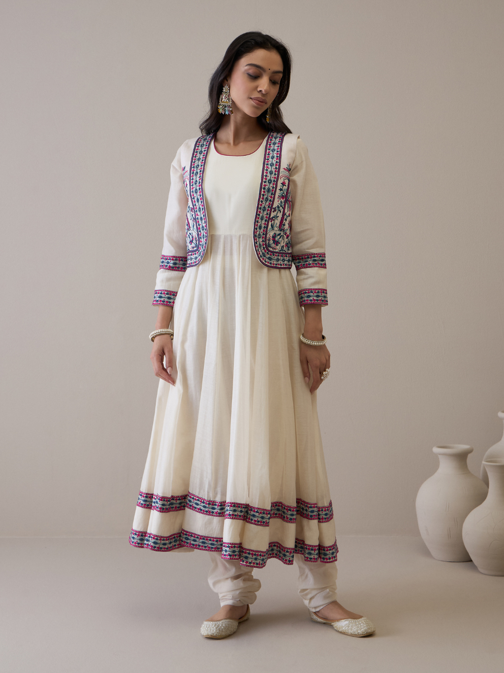 Resham Embroidered Kurta Set with Jacket at Kamakhyaa by RoohbyRidhimaa. This item is Avani by RoohbyRidhimaa, Ethnic Wear, Kurta Pant Sets, Pure Chanderi, Regular Fit, Resham Embroidered, Toxin free, White