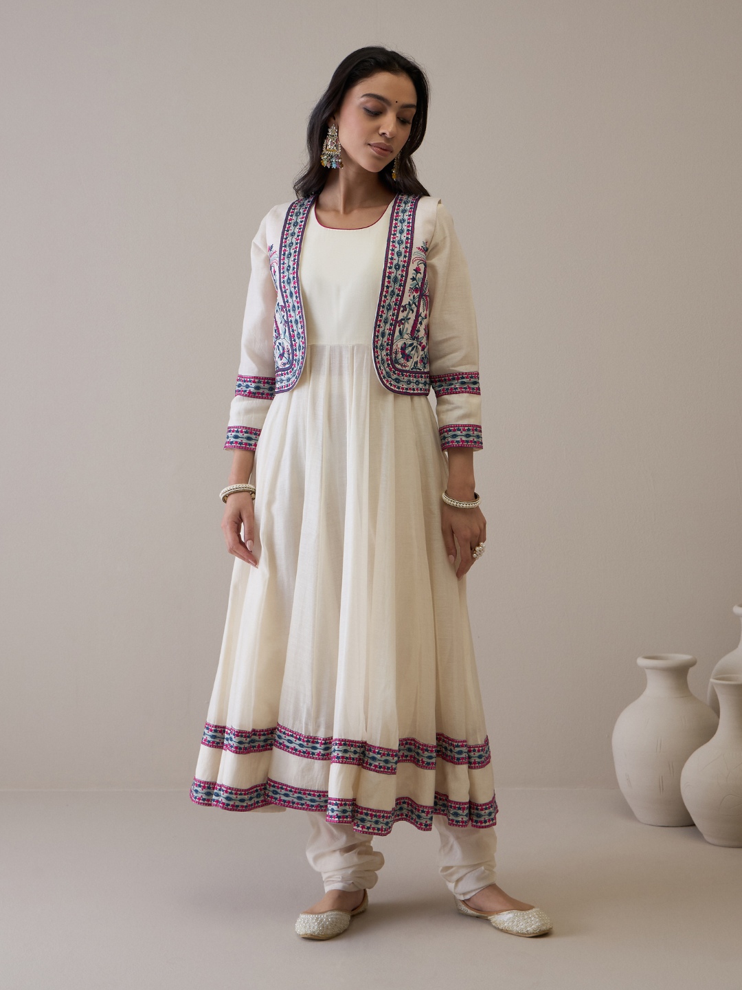 Resham Embroidered Kurta Set with Jacket at Kamakhyaa by RoohbyRidhimaa. This item is Avani by RoohbyRidhimaa, Ethnic Wear, Kurta Pant Sets, Pure Chanderi, Regular Fit, Resham Embroidered, Toxin free, White