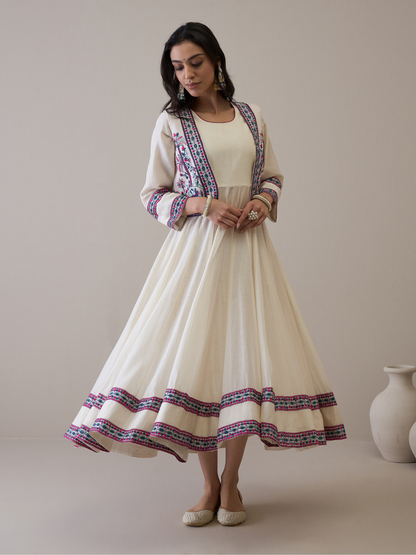 Resham Embroidered Kurta Set with Jacket at Kamakhyaa by RoohbyRidhimaa. This item is Avani by RoohbyRidhimaa, Ethnic Wear, Kurta Pant Sets, Pure Chanderi, Regular Fit, Resham Embroidered, Toxin free, White