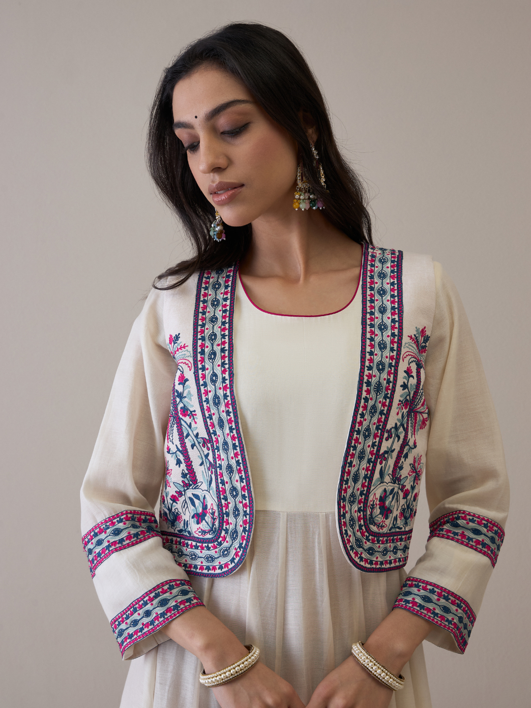 Resham Embroidered Kurta Set with Jacket at Kamakhyaa by RoohbyRidhimaa. This item is Avani by RoohbyRidhimaa, Ethnic Wear, Kurta Pant Sets, Pure Chanderi, Regular Fit, Resham Embroidered, Toxin free, White