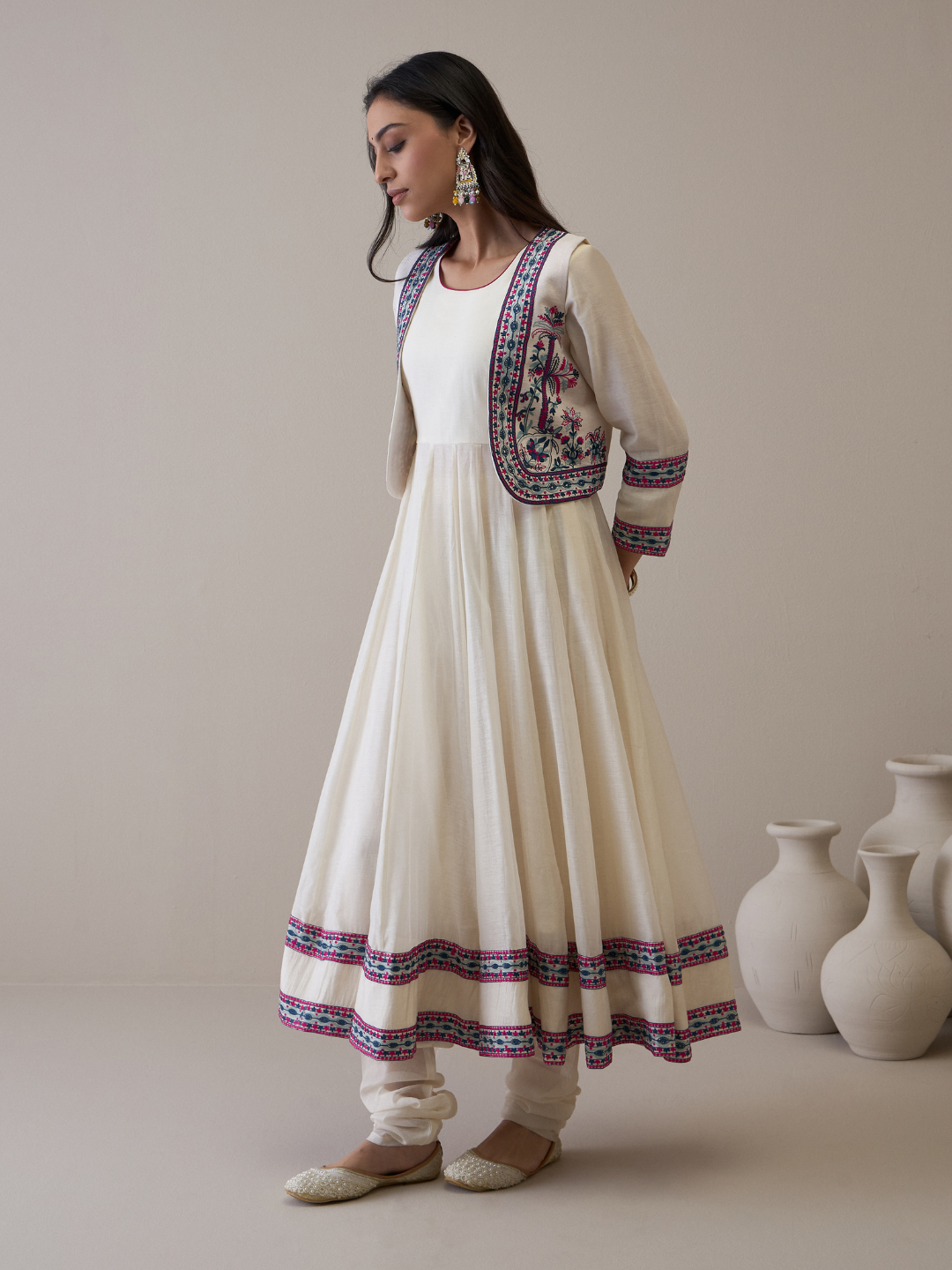 Resham Embroidered Kurta Set with Jacket at Kamakhyaa by RoohbyRidhimaa. This item is Avani by RoohbyRidhimaa, Ethnic Wear, Kurta Pant Sets, Pure Chanderi, Regular Fit, Resham Embroidered, Toxin free, White