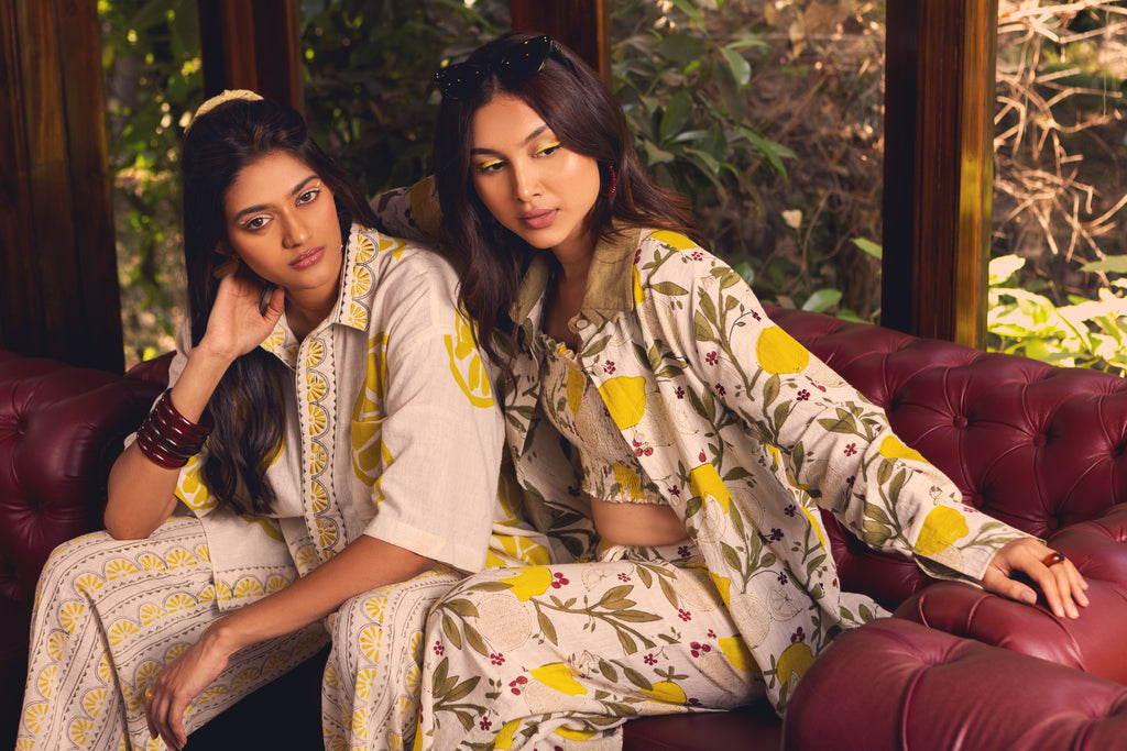 Resort Wear Crop Top at Kamakhyaa by Akashii Clothing. This item is Bloom by Akashi Clothing, Cotton, Crop Tops, Fruit Prints, handmade, Kala Cotton, Off-white, Organic, Regular Fit, Resort Wear