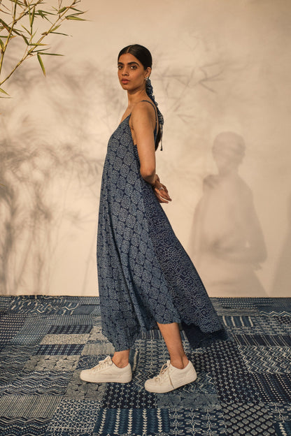 Resort Wear Maxi Dress at Kamakhyaa by Akashii Clothing. This item is 100% Blue Indigo Cotton, Bagru Prints, Blue, handmade, Maxi Dresses, Neeli by Akashi Clothing, Organic, Relaxed Fit, Resort Wear