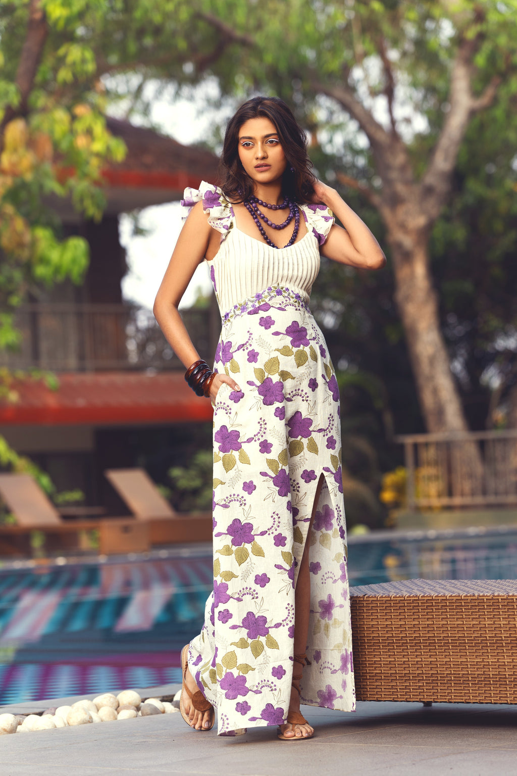 Resort Wear Maxi Dress at Kamakhyaa by Akashii Clothing. This item is Bloom by Akashi Clothing, Cotton, Floral Prints, handmade, Kala Cotton, Maxi Dresses, Off-white, Organic, Regular Fit, Resort Wear
