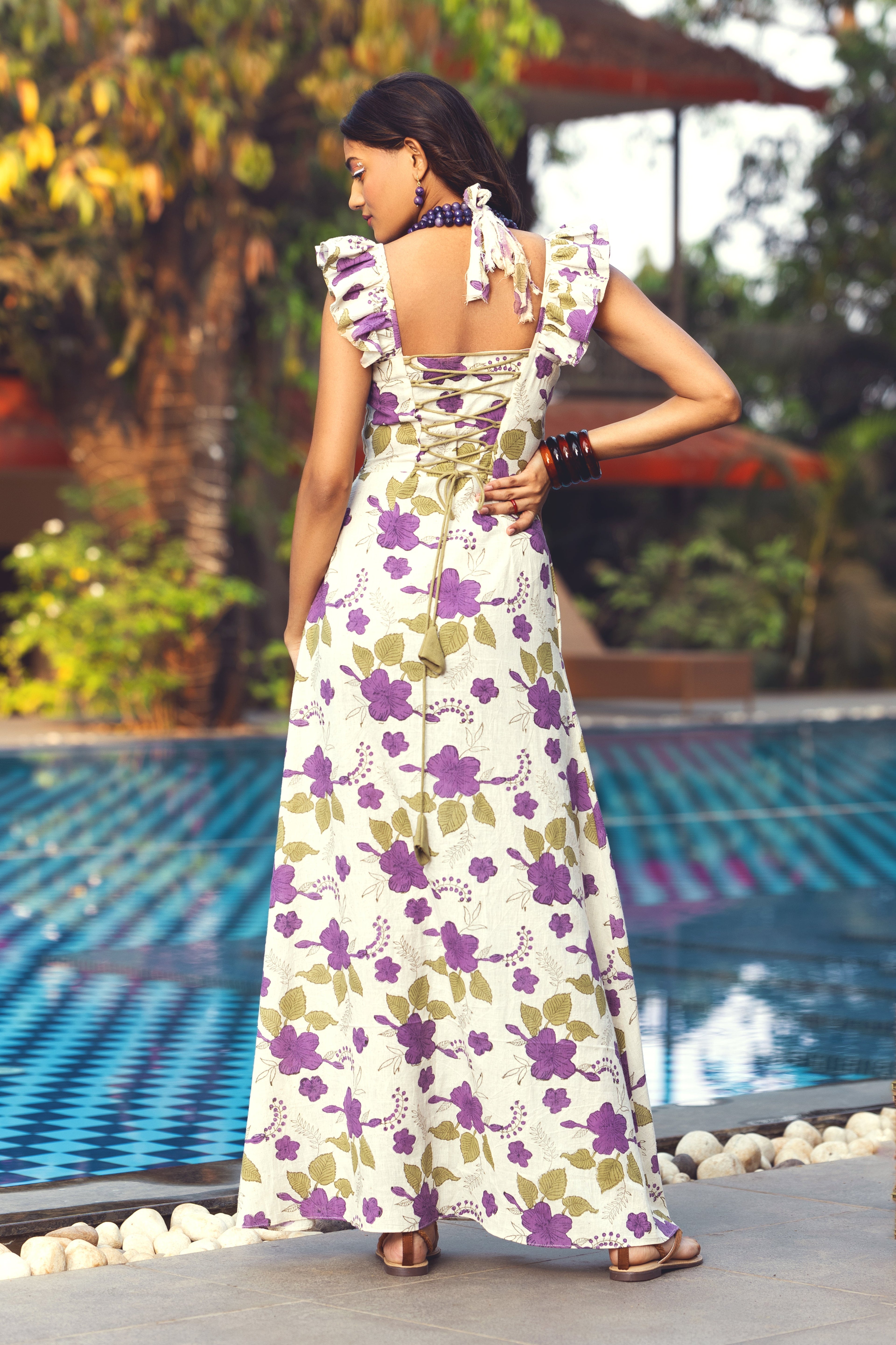 Resort Wear Maxi Dress at Kamakhyaa by Akashii Clothing. This item is Bloom by Akashi Clothing, Cotton, Floral Prints, handmade, Kala Cotton, Maxi Dresses, Off-white, Organic, Regular Fit, Resort Wear
