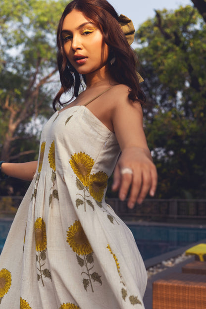 Resort Wear Midi Dress at Kamakhyaa by Akashii Clothing. This item is Bloom by Akashi Clothing, Cotton, Floral Prints, handmade, Kala Cotton, Midi Dresses, Off-white, Organic, Regular Fit, Resort Wear