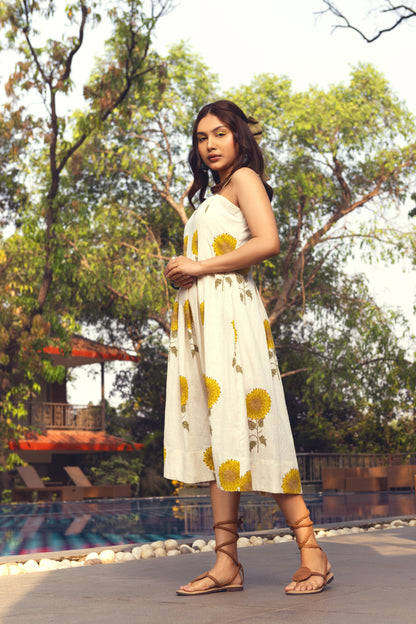 Resort Wear Midi Dress at Kamakhyaa by Akashii Clothing. This item is Bloom by Akashi Clothing, Cotton, Floral Prints, handmade, Kala Cotton, Midi Dresses, Off-white, Organic, Regular Fit, Resort Wear