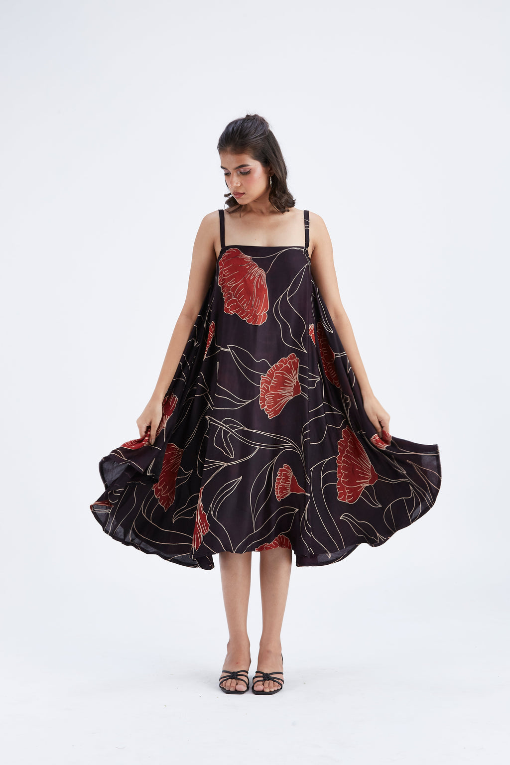 Reya Black Floral Hand Printed Cotton Dress at Kamakhyaa by Hasttvam. This item is Black, Cotton, Ete by Hasttvam, Floral Prints, Fusion Wear, Hand Printed, Womenswear