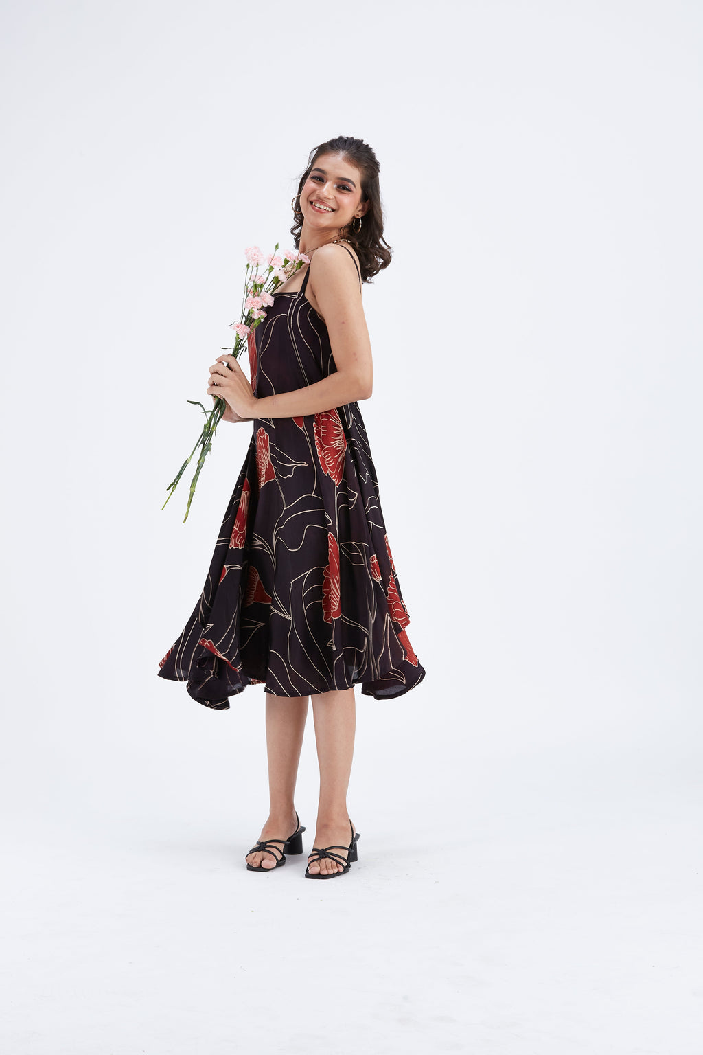 Reya Black Floral Hand Printed Cotton Dress at Kamakhyaa by Hasttvam. This item is Black, Cotton, Ete by Hasttvam, Floral Prints, Fusion Wear, Hand Printed, Womenswear