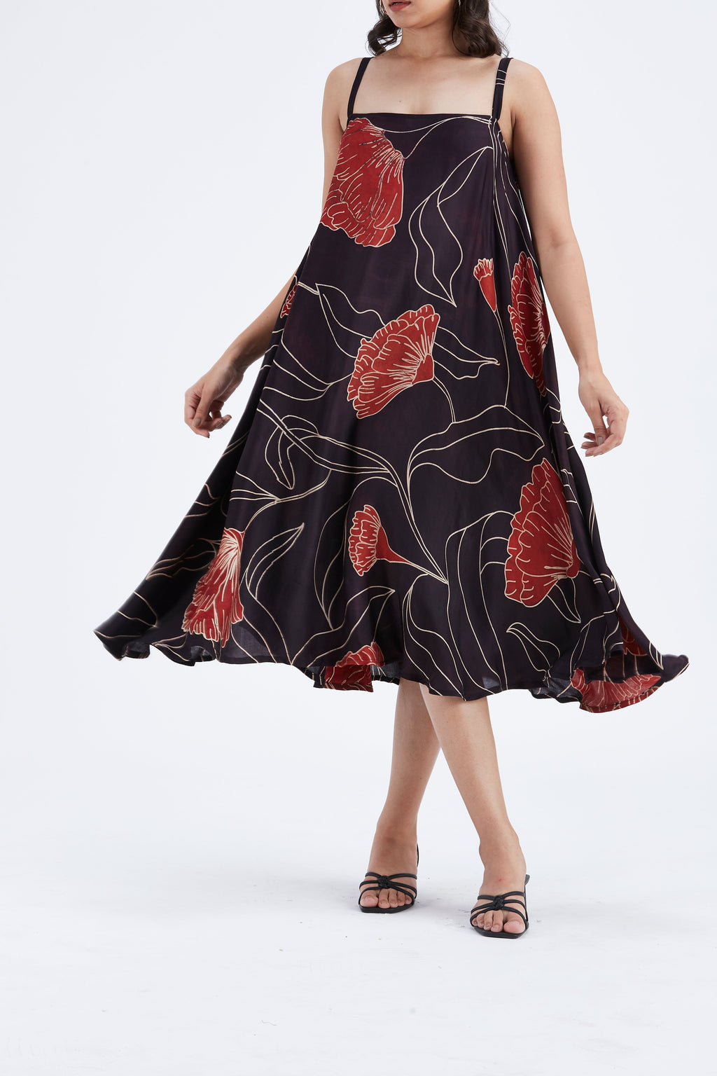 Reya Black Floral Hand Printed Cotton Dress at Kamakhyaa by Hasttvam. This item is Black, Cotton, Ete by Hasttvam, Floral Prints, Fusion Wear, Hand Printed, Womenswear