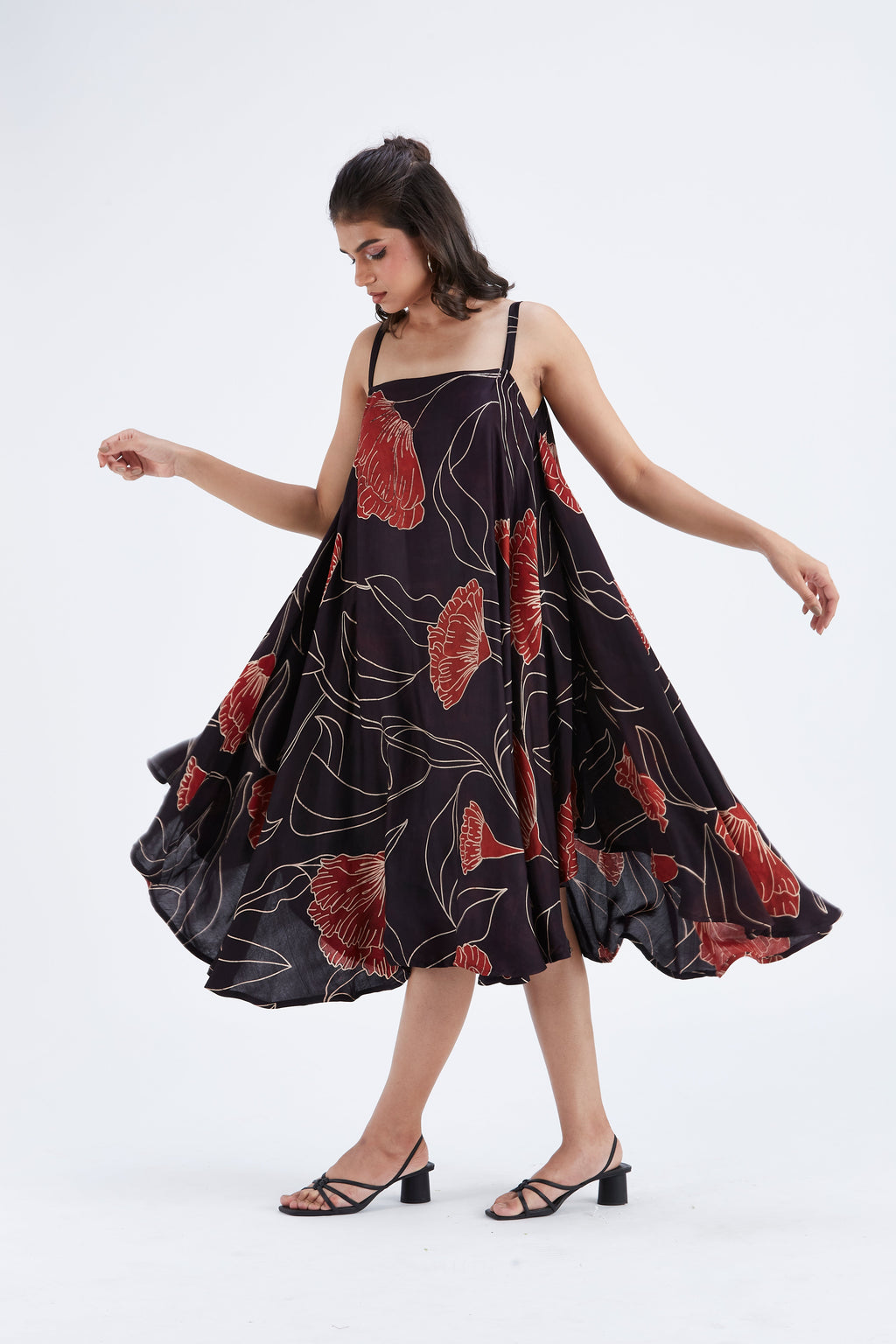 Reya Black Floral Hand Printed Cotton Dress at Kamakhyaa by Hasttvam. This item is Black, Cotton, Ete by Hasttvam, Floral Prints, Fusion Wear, Hand Printed, Womenswear