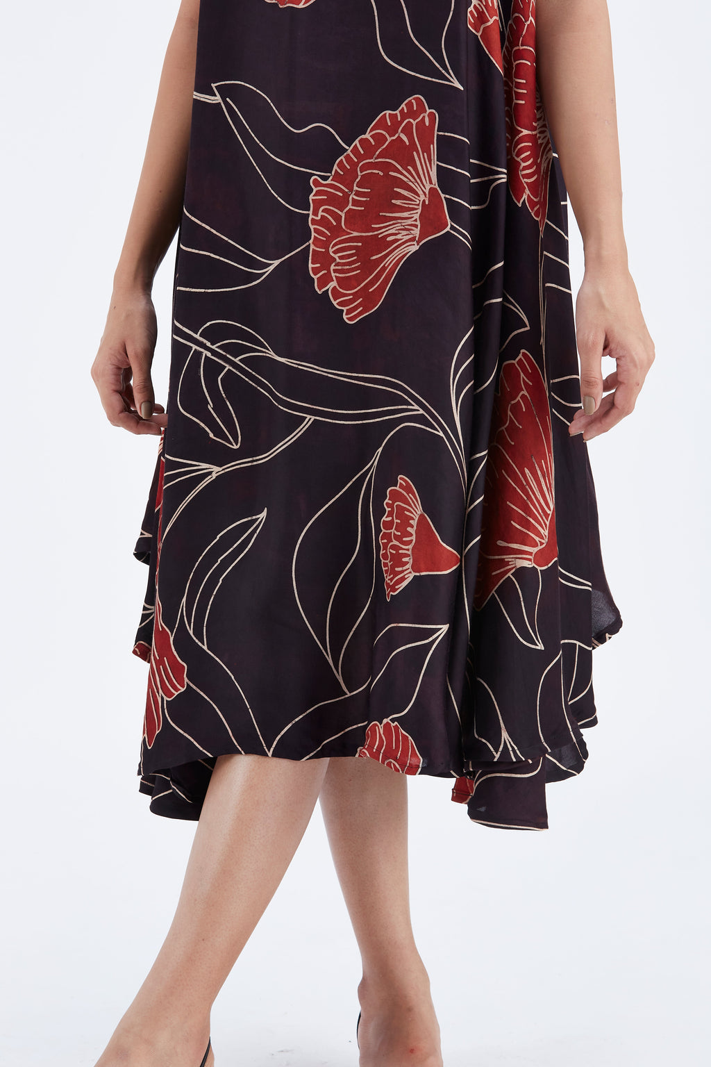 Reya Black Floral Hand Printed Cotton Dress at Kamakhyaa by Hasttvam. This item is Black, Cotton, Ete by Hasttvam, Floral Prints, Fusion Wear, Hand Printed, Womenswear