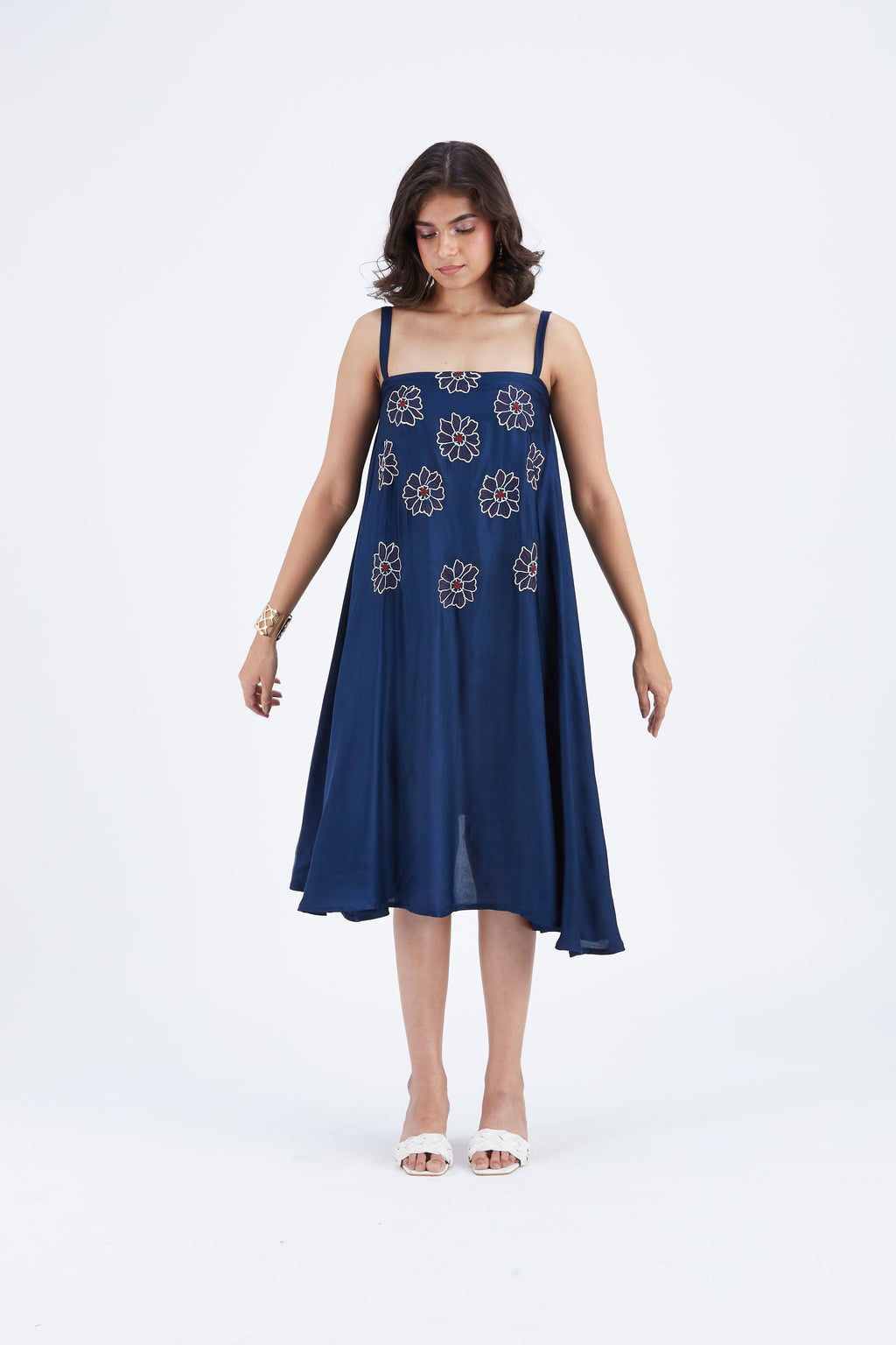 Reya Indigo Floral Hand Printed Modal Dress at Kamakhyaa by Hasttvam. This item is Ete by Hasttvam, Floral Prints, Fusion Wear, Hand Printed, Indigo, Modal, Womenswear