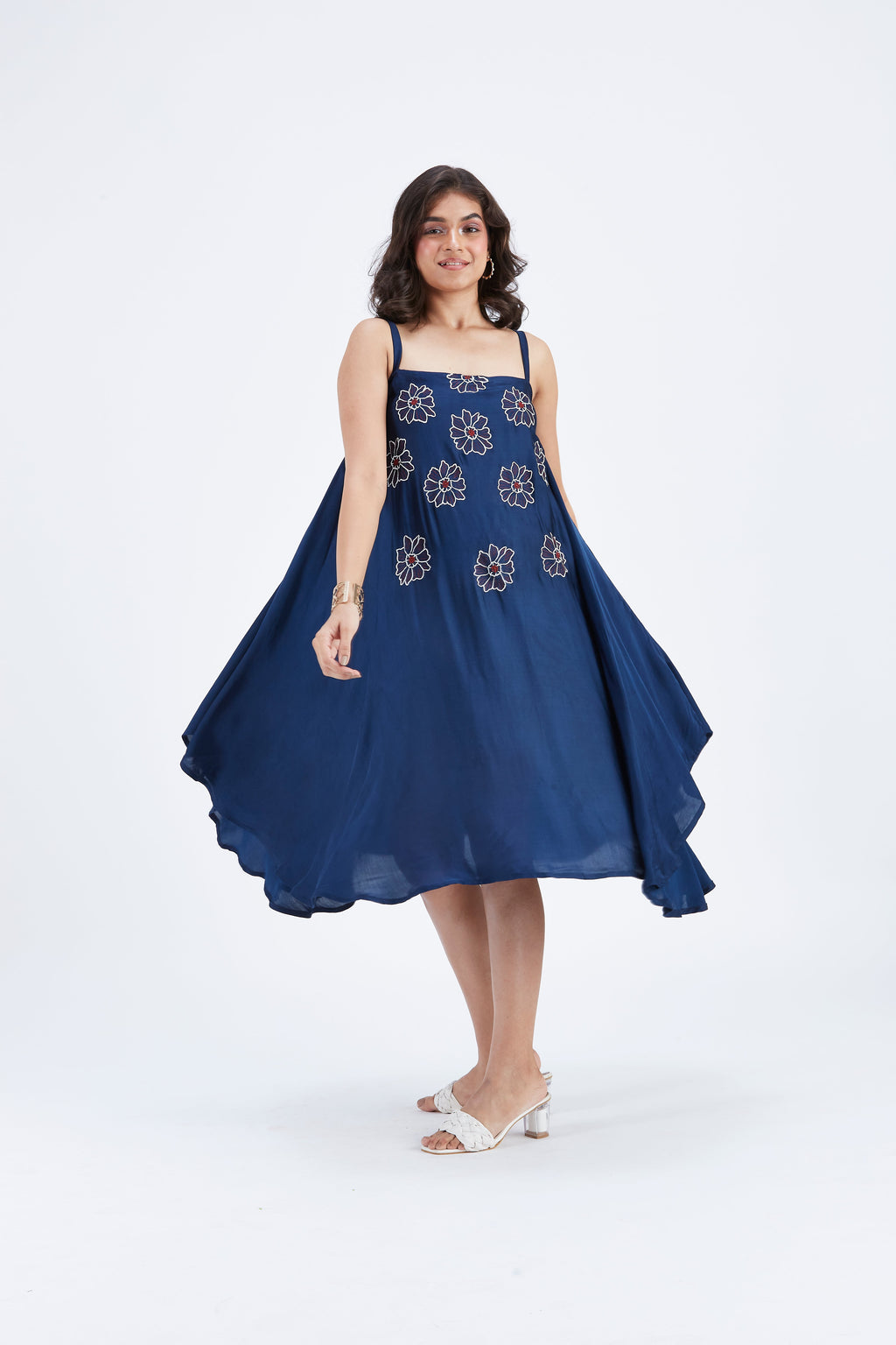 Reya Indigo Floral Hand Printed Modal Dress at Kamakhyaa by Hasttvam. This item is Ete by Hasttvam, Floral Prints, Fusion Wear, Hand Printed, Indigo, Modal, Womenswear
