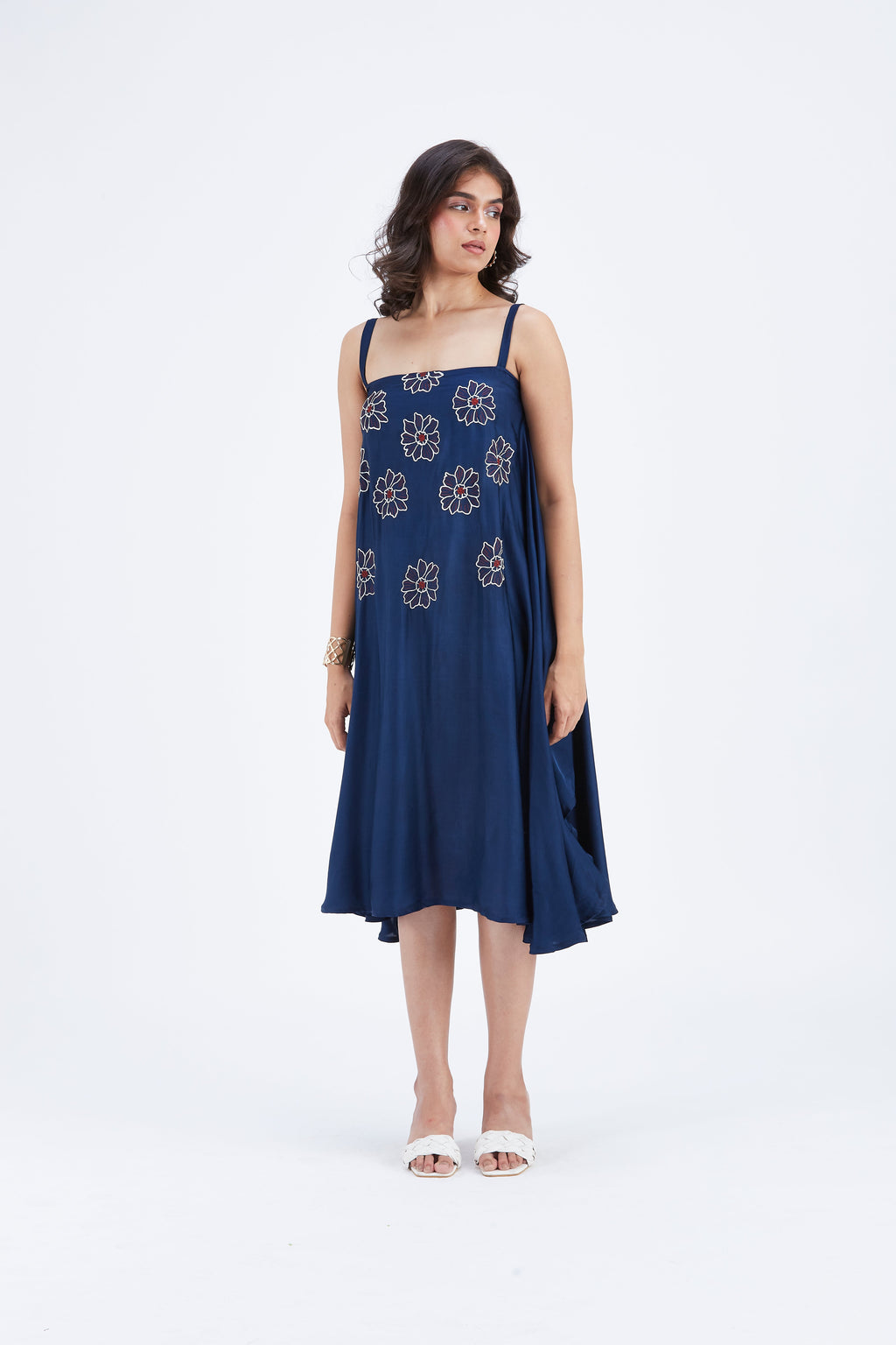 Reya Indigo Floral Hand Printed Modal Dress at Kamakhyaa by Hasttvam. This item is Ete by Hasttvam, Floral Prints, Fusion Wear, Hand Printed, Indigo, Modal, Womenswear