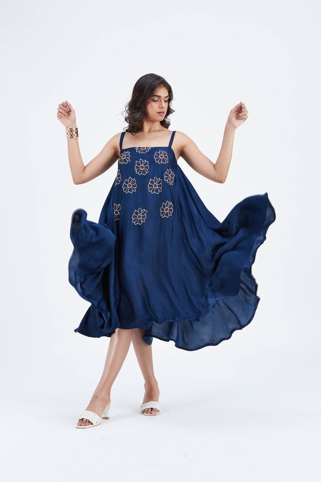 Reya Indigo Floral Hand Printed Modal Dress at Kamakhyaa by Hasttvam. This item is Ete by Hasttvam, Floral Prints, Fusion Wear, Hand Printed, Indigo, Modal, Womenswear