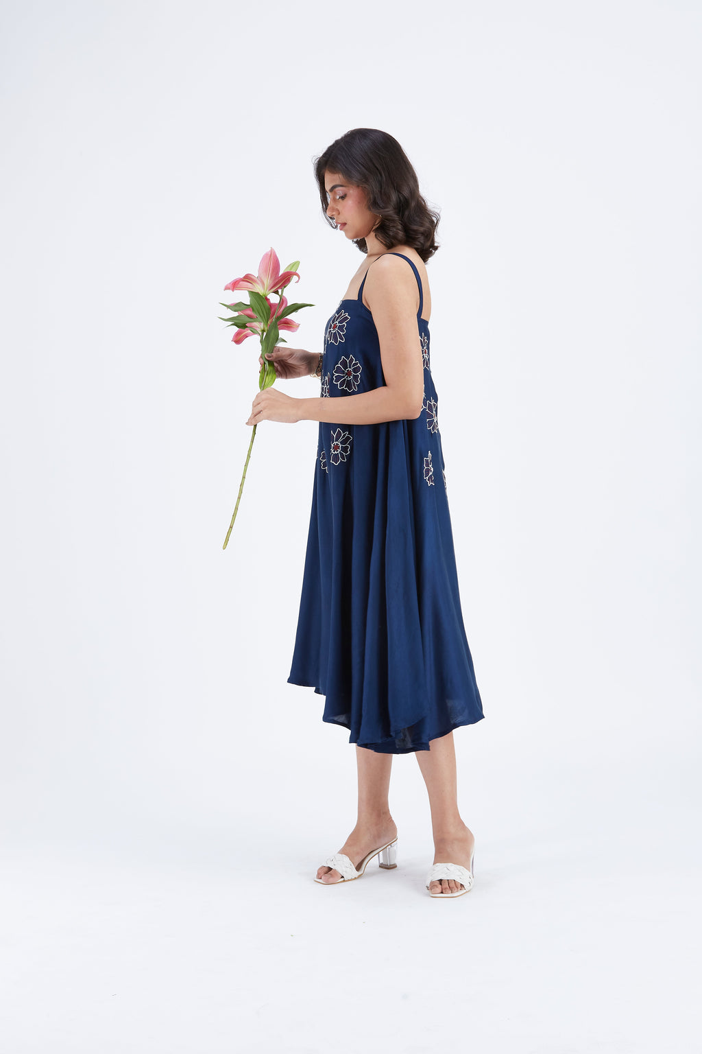 Reya Indigo Floral Hand Printed Modal Dress at Kamakhyaa by Hasttvam. This item is Ete by Hasttvam, Floral Prints, Fusion Wear, Hand Printed, Indigo, Modal, Womenswear