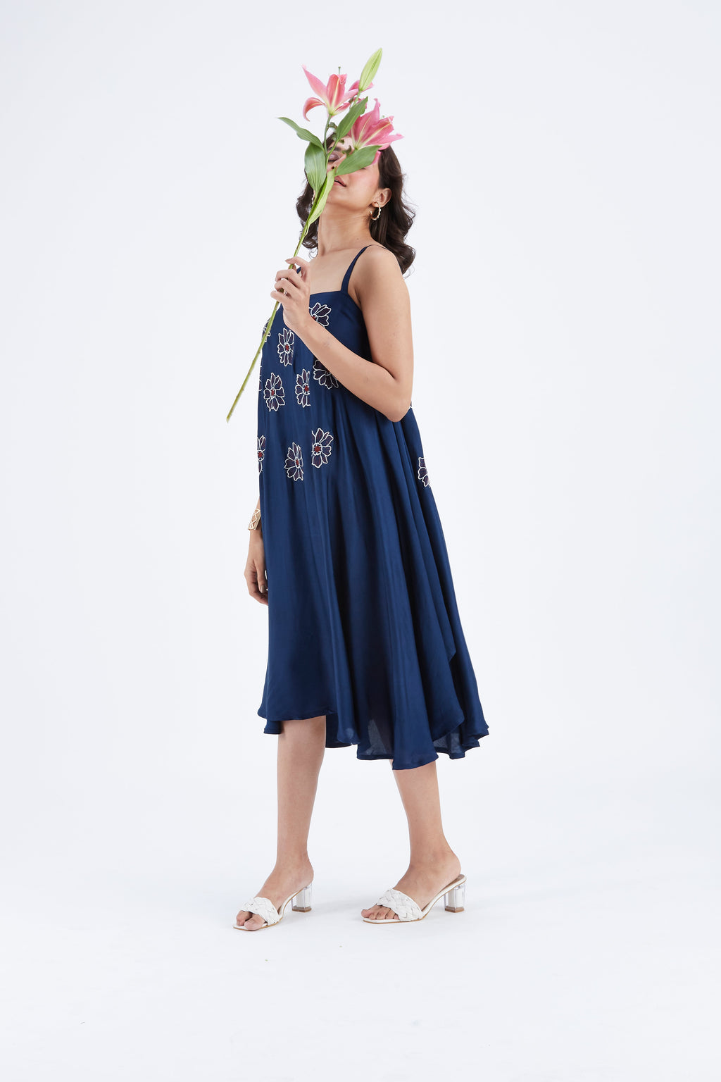 Reya Indigo Floral Hand Printed Modal Dress at Kamakhyaa by Hasttvam. This item is Ete by Hasttvam, Floral Prints, Fusion Wear, Hand Printed, Indigo, Modal, Womenswear