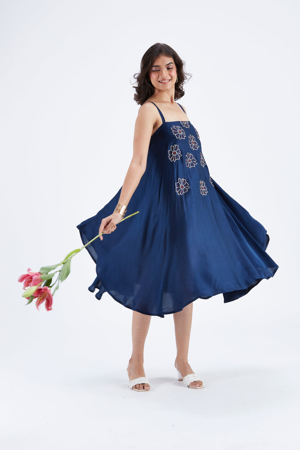 Reya Indigo Floral Hand Printed Modal Dress at Kamakhyaa by Hasttvam. This item is Ete by Hasttvam, Floral Prints, Fusion Wear, Hand Printed, Indigo, Modal, Womenswear