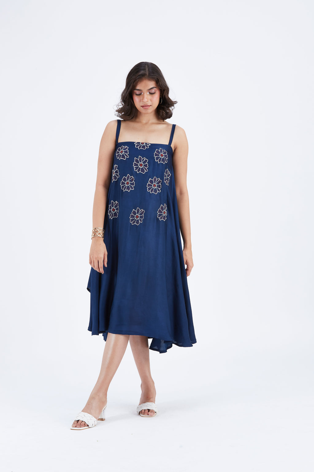 Reya Indigo Floral Hand Printed Modal Dress at Kamakhyaa by Hasttvam. This item is Ete by Hasttvam, Floral Prints, Fusion Wear, Hand Printed, Indigo, Modal, Womenswear