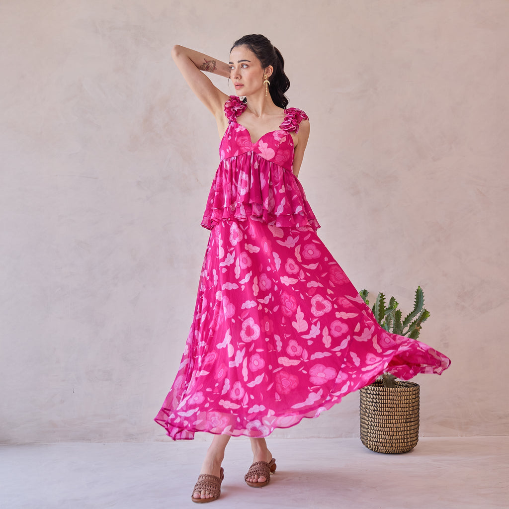 Rosa Aurelia at Kamakhyaa by Taro. This item is Chiffon, Dresses, Handblock Printed, Indie Bloom by Taro, Pink, Relaxed Fit, Ruffle Dresses, Sleeveless Dresses, Under $50