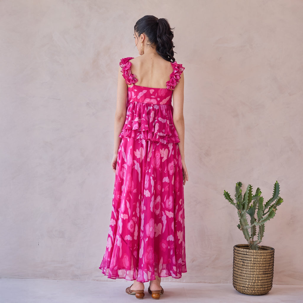 Rosa Aurelia at Kamakhyaa by Taro. This item is Chiffon, Dresses, Handblock Printed, Indie Bloom by Taro, Pink, Relaxed Fit, Ruffle Dresses, Sleeveless Dresses, Under $50
