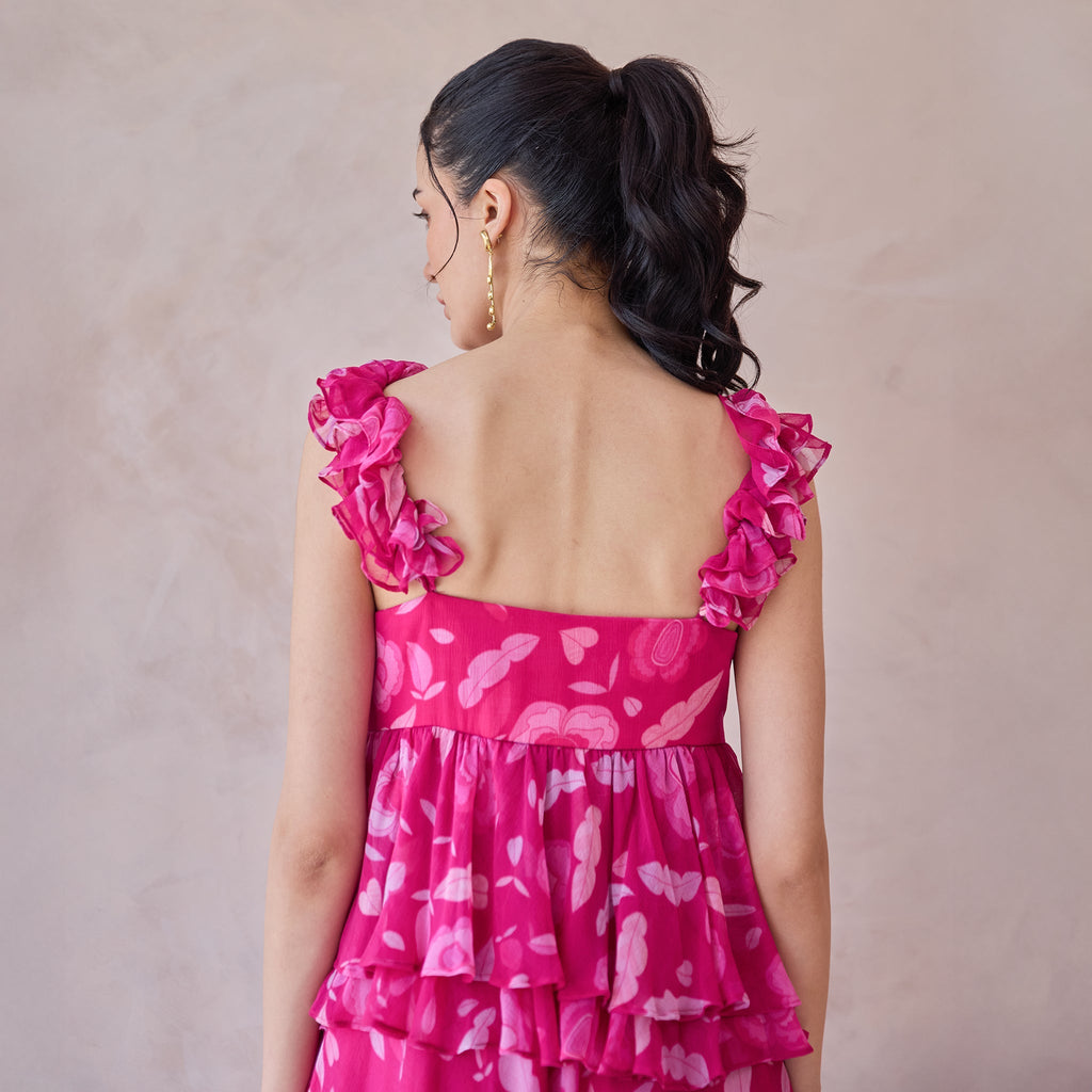 Rosa Aurelia at Kamakhyaa by Taro. This item is Chiffon, Dresses, Handblock Printed, Indie Bloom by Taro, Pink, Relaxed Fit, Ruffle Dresses, Sleeveless Dresses, Under $50