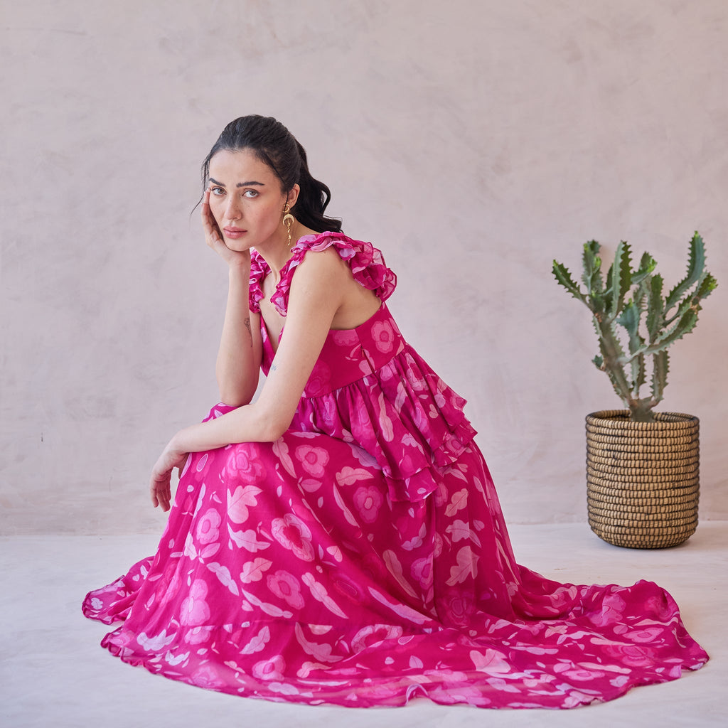 Rosa Aurelia at Kamakhyaa by Taro. This item is Chiffon, Dresses, Handblock Printed, Indie Bloom by Taro, Pink, Relaxed Fit, Ruffle Dresses, Sleeveless Dresses, Under $50