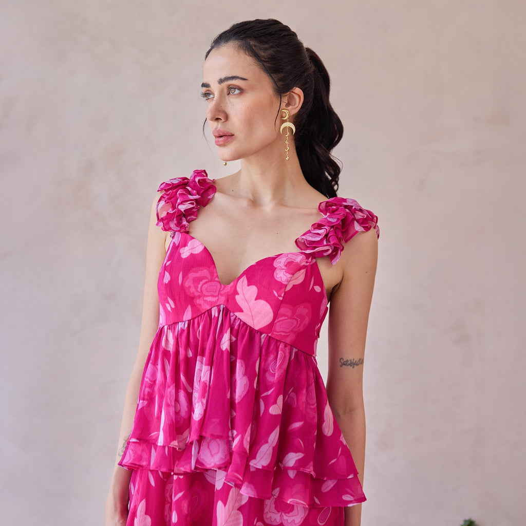 Rosa Aurelia at Kamakhyaa by Taro. This item is Chiffon, Dresses, Handblock Printed, Indie Bloom by Taro, Pink, Relaxed Fit, Ruffle Dresses, Sleeveless Dresses, Under $50