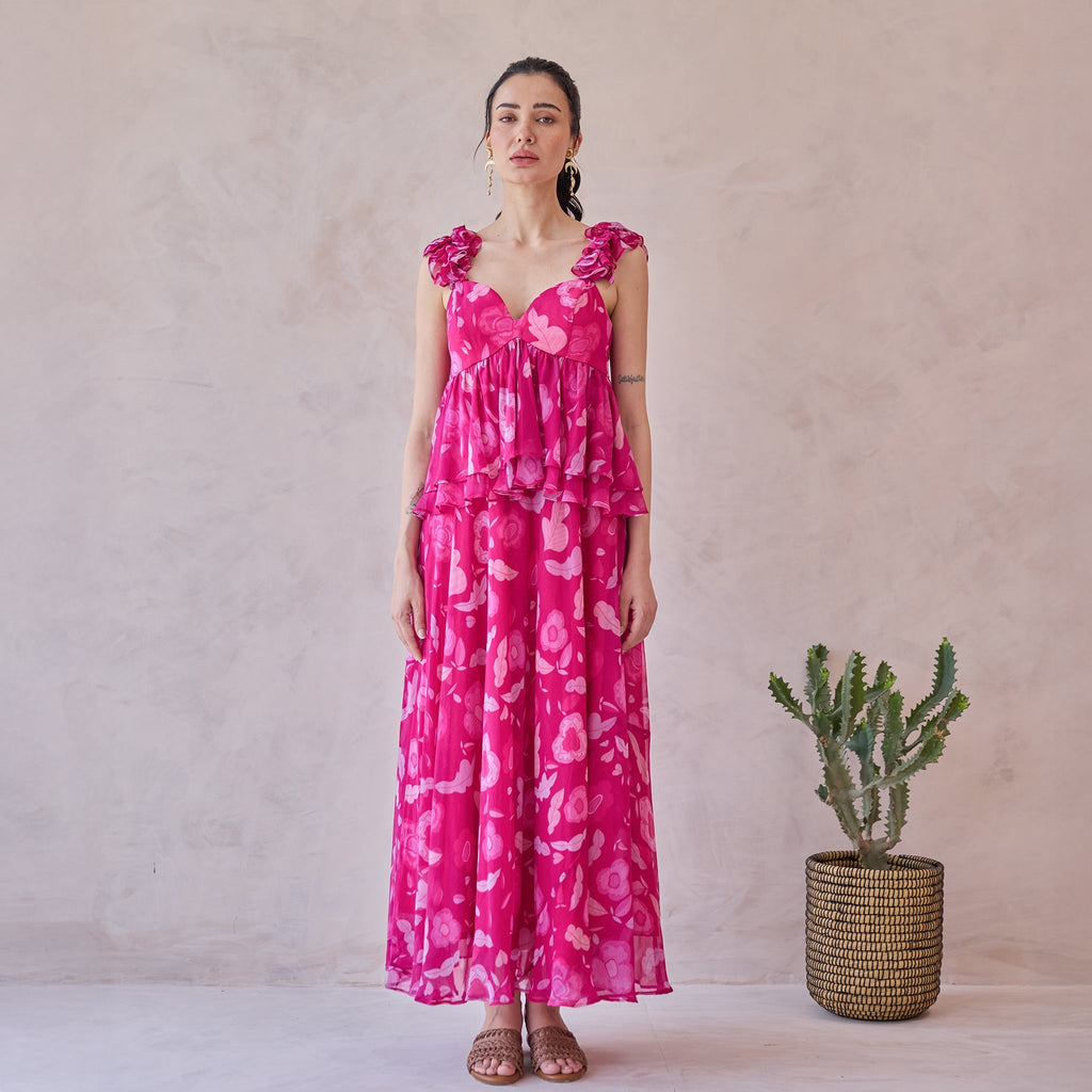Rosa Aurelia at Kamakhyaa by Taro. This item is Chiffon, Dresses, Handblock Printed, Indie Bloom by Taro, Pink, Relaxed Fit, Ruffle Dresses, Sleeveless Dresses, Under $50