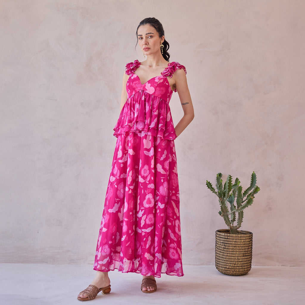 Rosa Aurelia at Kamakhyaa by Taro. This item is Chiffon, Dresses, Handblock Printed, Indie Bloom by Taro, Pink, Relaxed Fit, Ruffle Dresses, Sleeveless Dresses, Under $50